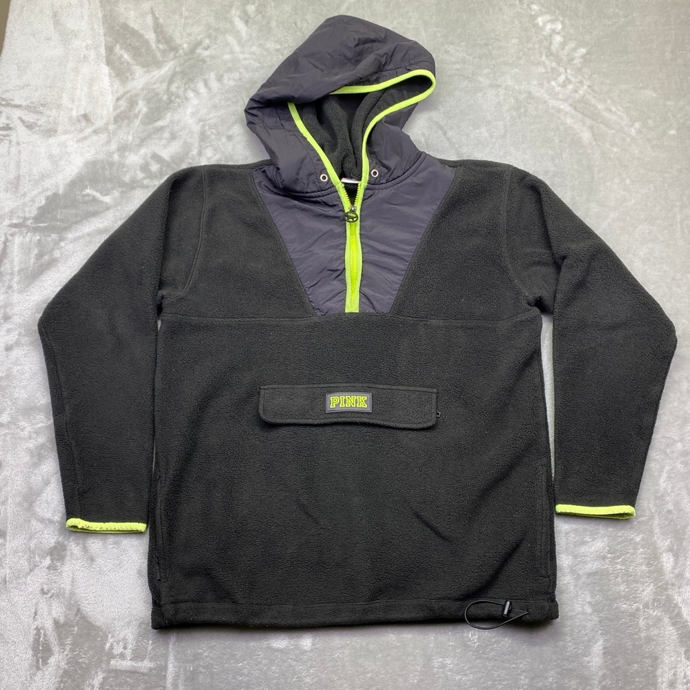PINK by Victoria's Secret Black Fleece Pullover Hoodie‎ Neon Yellow Zip Pocket M